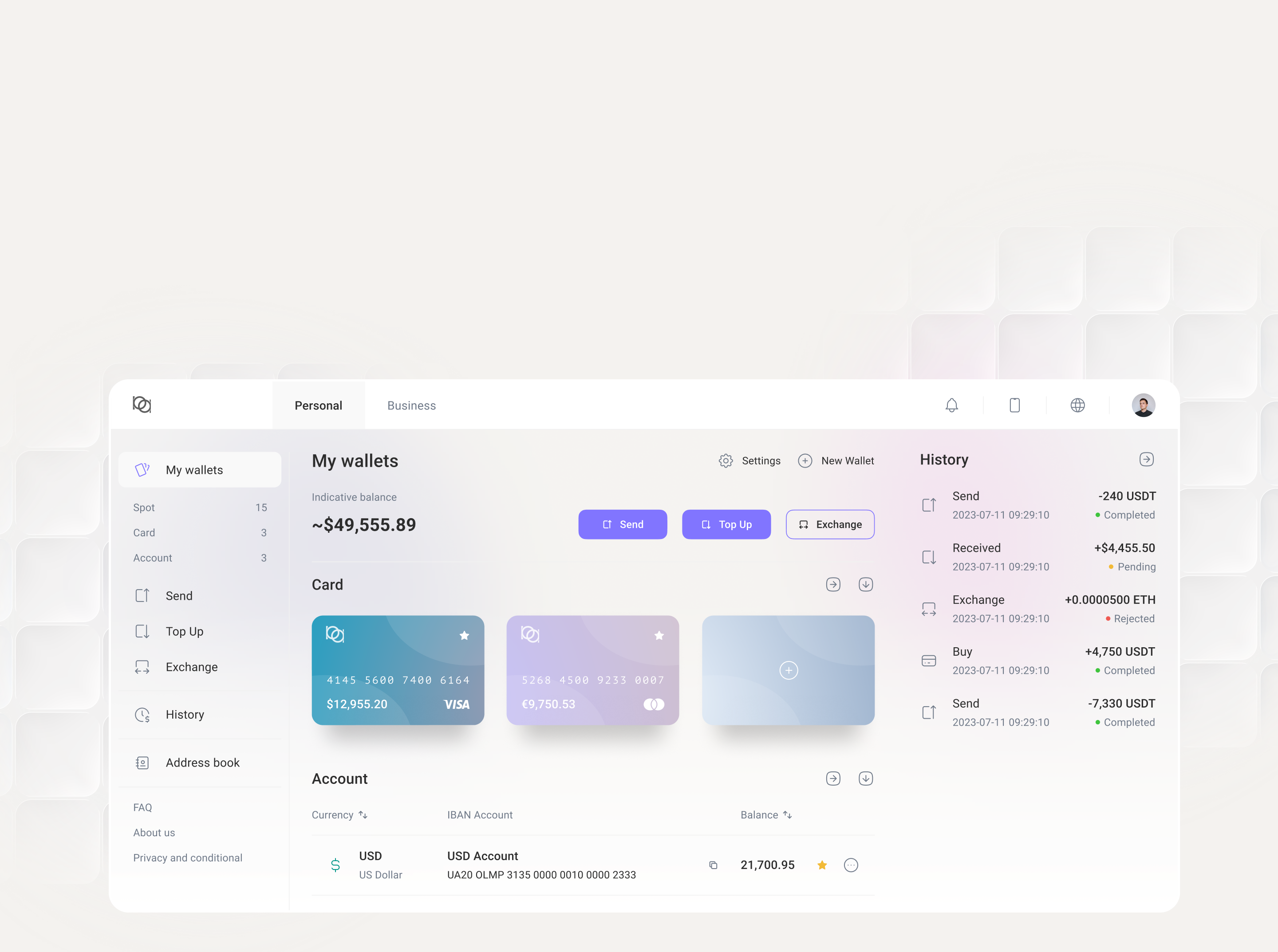Platiniq dashboard showing wallets, cards and transaction history